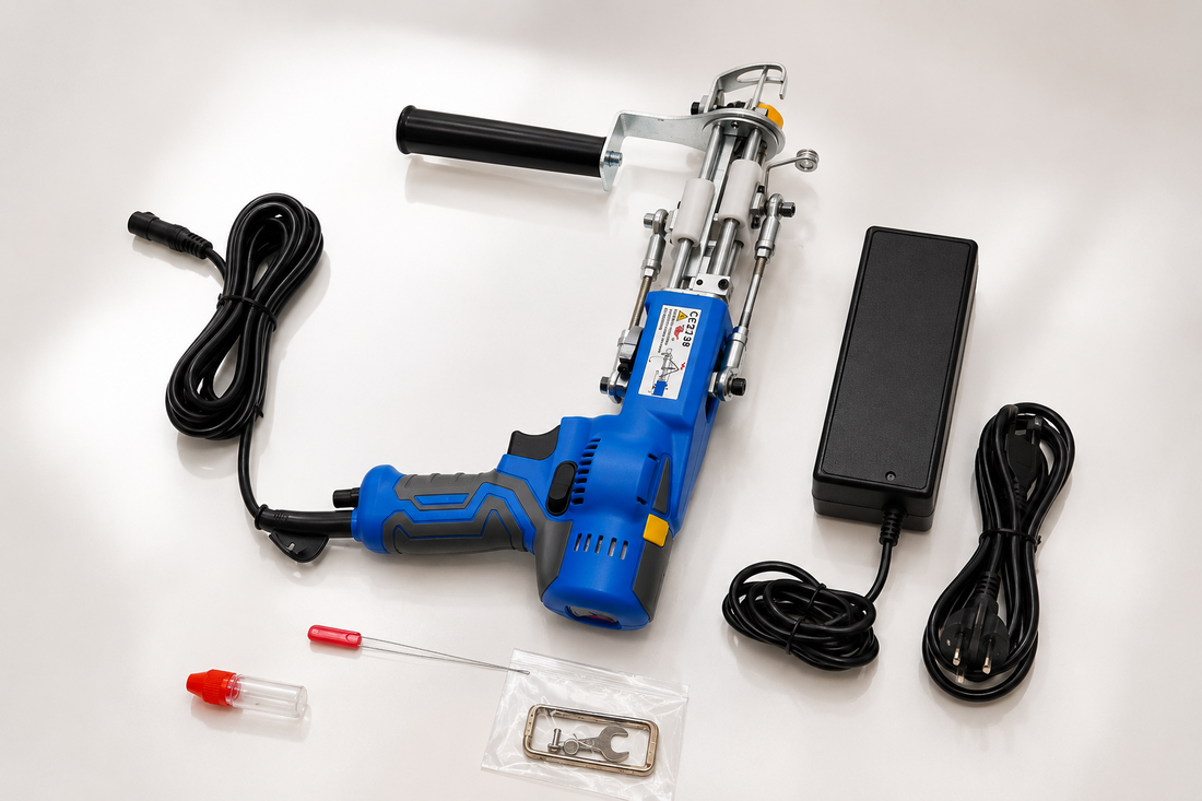 Blue AK-V Pro tufting gun available in cut-pile and loop-pile versions