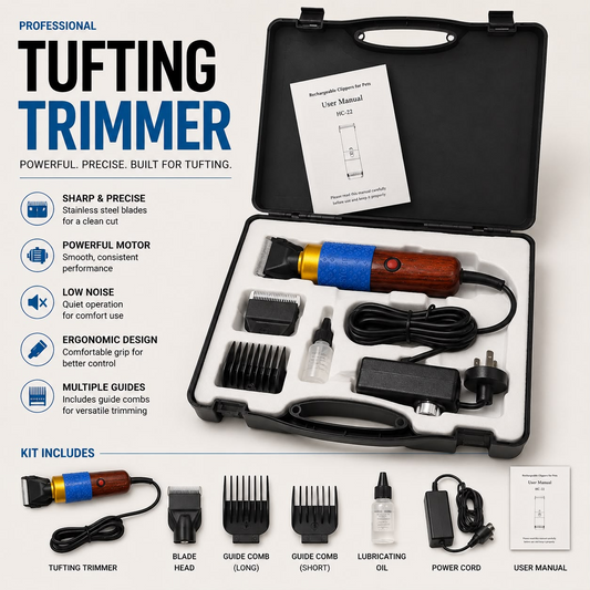 Wired rug trimmer and tools for finishing a tufted rug