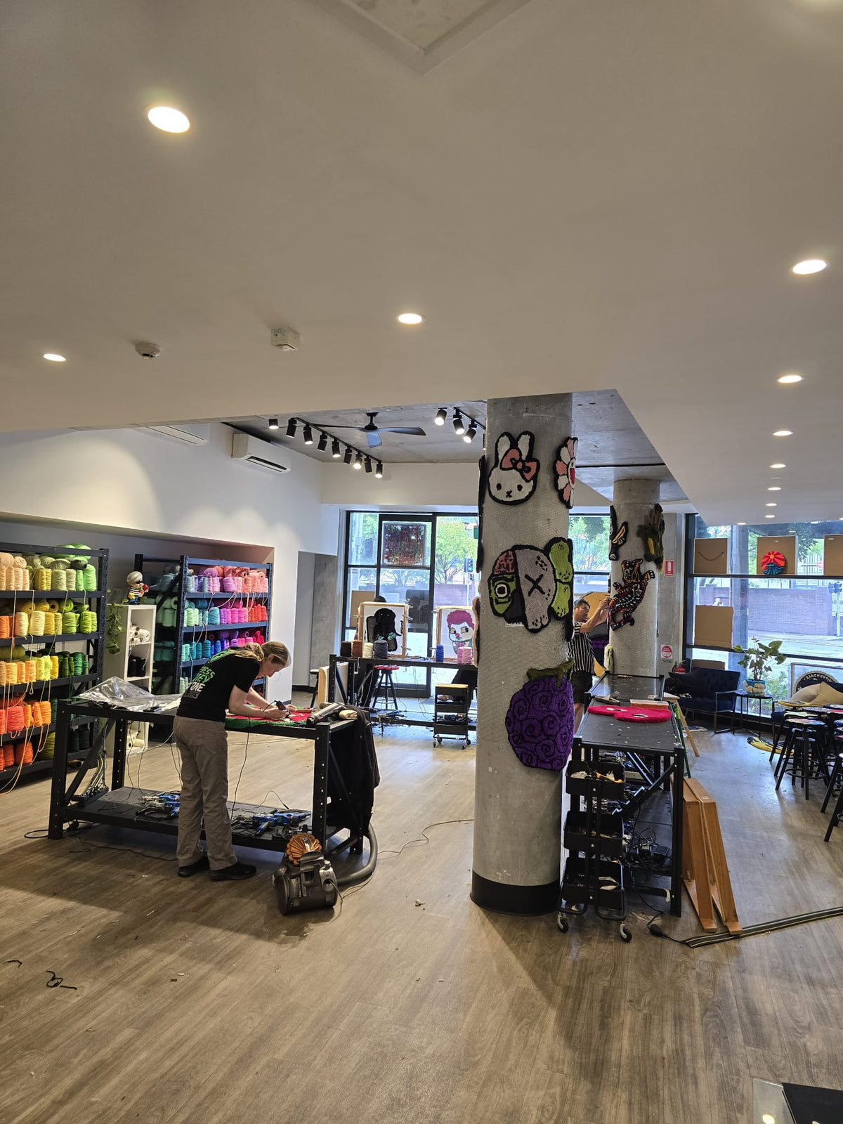 Inside Tuft & Craft’s Chippendale, Sydney tufting studio with yarn, handmade rug art and workstations