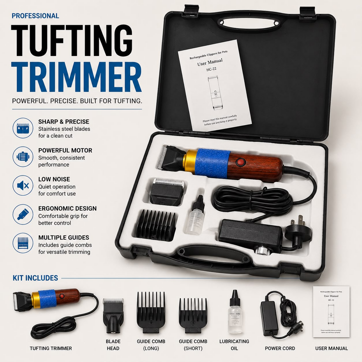 Wired tufting trimmer kit and included accessories
